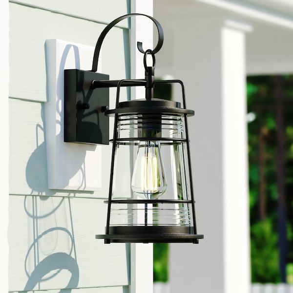 Vaxcel Montauk 1 Light Black Dusk to Dawn Coastal Outdoor Wall Lantern Clear Glass T0629 - main